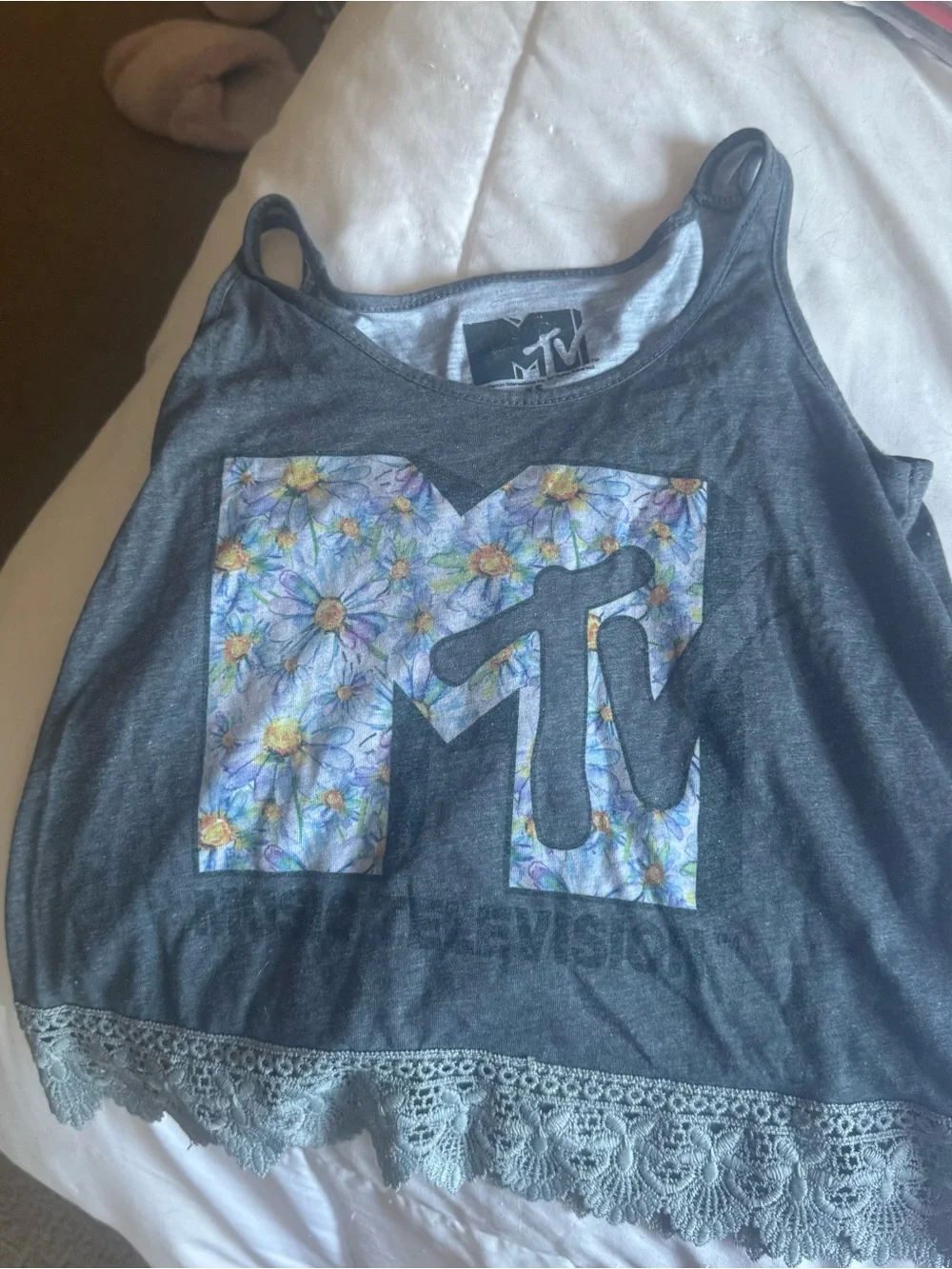 MTV Dark Gray Floral Logo Lace-Trim Girls' Tank
